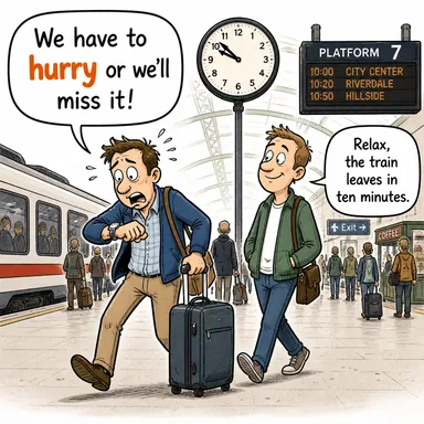 hurry (acele etmek) karikatürü — diyalogla bağlam içinde öğren