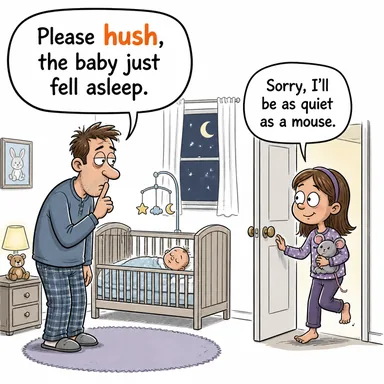 hush (susmak, susturmak, örtbas etmek) karikatürü — diyalogla bağlam içinde öğren