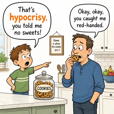 hypocrisy (ikiyüzlülük, riyakarlık) karikatürü — diyalogla bağlam içinde öğren