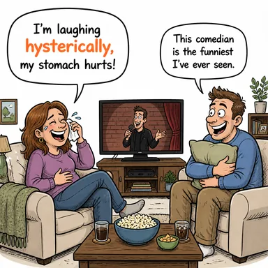 hysterically (isterik bir şekilde, kendini kaybetmişçesine) karikatürü — diyalogla bağlam içinde öğren