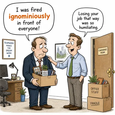 ignominiously (alçakça, yüz kızartıcı bir şekilde, rezilce) karikatürü — diyalogla bağlam içinde öğren