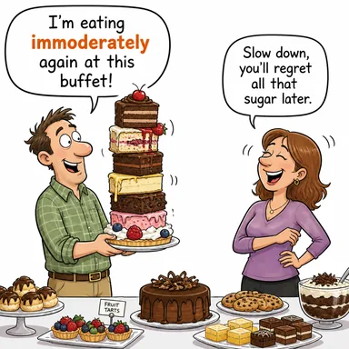 immoderately (ölçüsüzce, aşırı derecede) karikatürü — diyalogla bağlam içinde öğren