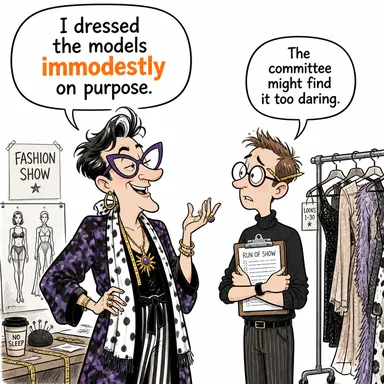 immodestly (utanmazca, edepsizce; aşırı iddialı şekilde) karikatürü — diyalogla bağlam içinde öğren