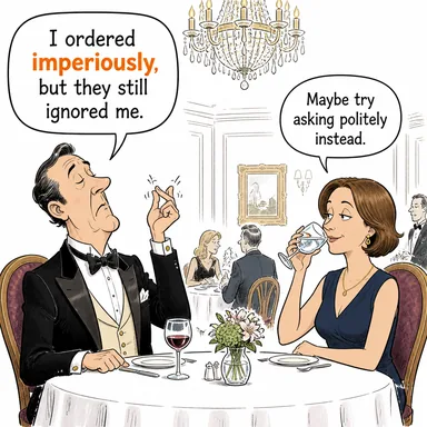 imperiously (buyurgan bir şekilde, tepeden bakarak) karikatürü — diyalogla bağlam içinde öğren