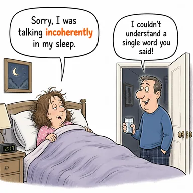 incoherently (tutarsızca, anlaşılmaz bir şekilde) karikatürü — diyalogla bağlam içinde öğren