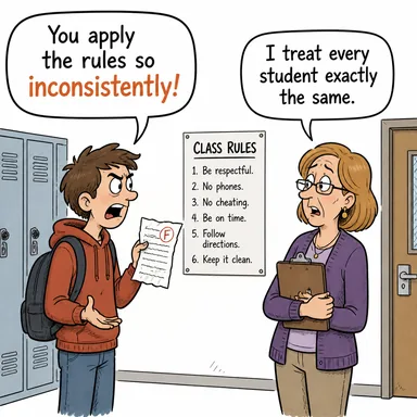 inconsistently (tutarsızca, istikrarsız bir şekilde) karikatürü — diyalogla bağlam içinde öğren