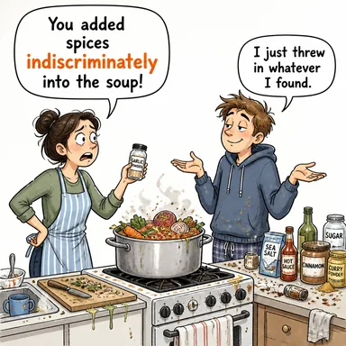 indiscriminately (ayrım gözetmeksizin, rastgele) karikatürü — diyalogla bağlam içinde öğren