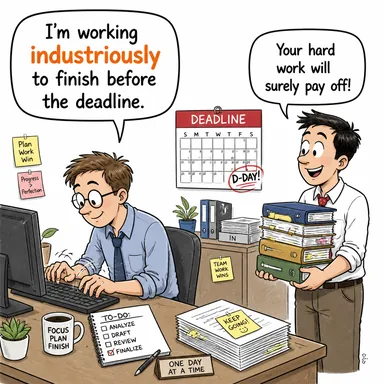 industriously (gayretle, çalışkanca) karikatürü — diyalogla bağlam içinde öğren