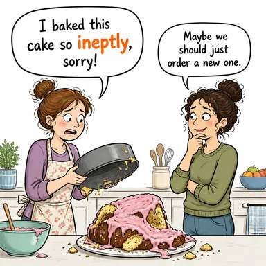 ineptly (beceriksizce, acemice, yetersiz bir şekilde) karikatürü — diyalogla bağlam içinde öğren