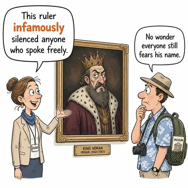 infamously (kötü şöhretiyle, adı çıkmış bir şekilde) karikatürü — diyalogla bağlam içinde öğren