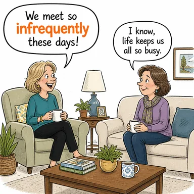 infrequently (seyrek olarak, nadiren) karikatürü — diyalogla bağlam içinde öğren