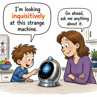 inquisitively (merakla, sorgulayarak) karikatürü — diyalogla bağlam içinde öğren
