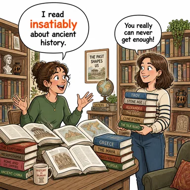 insatiably (doymak bilmez bir şekilde, açgözlülükle) karikatürü — diyalogla bağlam içinde öğren