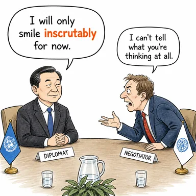 inscrutably (esrarengiz bir şekilde, anlaşılamaz biçimde) karikatürü — diyalogla bağlam içinde öğren