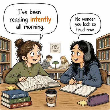 intently (dikkatle, pür dikkat, gözünü dikerek) karikatürü — diyalogla bağlam içinde öğren