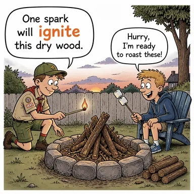 ignite (ateşlemek, tutuşturmak, (tartışma vb.) başlatmak) karikatürü — diyalogla bağlam içinde öğren