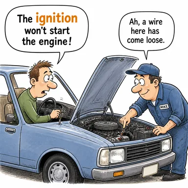 ignition (ateşleme, kontak, tutuşma) karikatürü — diyalogla bağlam içinde öğren