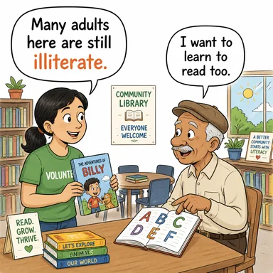 illiterate (okuma yazma bilmeyen, cahil) karikatürü — diyalogla bağlam içinde öğren