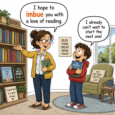 imbue (aşılamak, doldurmak, (fikir/duygu) telkin etmek) karikatürü — diyalogla bağlam içinde öğren