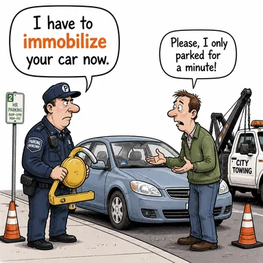 immobilize (hareketsiz kılmak, sabitlemek) karikatürü — diyalogla bağlam içinde öğren