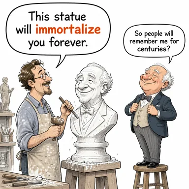 immortalize (ölümsüzleştirmek) karikatürü — diyalogla bağlam içinde öğren