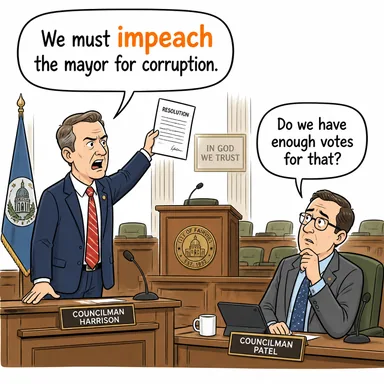 impeach (suçlamak (devlet adamını), itham etmek) karikatürü — diyalogla bağlam içinde öğren