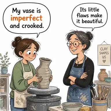 imperfect (kusurlu, eksik, hatalı) karikatürü — diyalogla bağlam içinde öğren