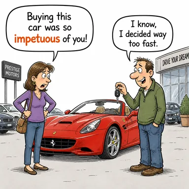 impetuous (aceleci, düşünmeden hareket eden, fevri) karikatürü — diyalogla bağlam içinde öğren