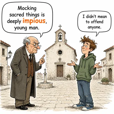 impious (dinsiz, imansız, kutsal değerlere saygısız) karikatürü — diyalogla bağlam içinde öğren