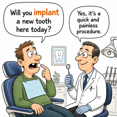 implant (nakletmek (doku/organ), yerleştirmek, aşılamak (fikir)) karikatürü — diyalogla bağlam içinde öğren