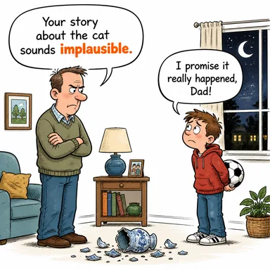 implausible (inanılması güç, mantıksız, akıl almaz) karikatürü — diyalogla bağlam içinde öğren