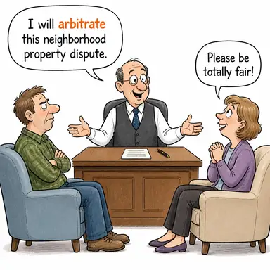 arbitrate (hakemlik yapmak, ara buluculuk yapmak) karikatürü — diyalogla bağlam içinde öğren
