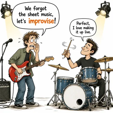 improvise (doğaçlama yapmak, (eldeki imkanlarla) uydurmak) karikatürü — diyalogla bağlam içinde öğren