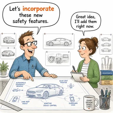 incorporate (dahil etmek, bünyesine katmak, birleştirmek) karikatürü — diyalogla bağlam içinde öğren