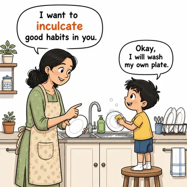 inculcate ((fikir/değer) aşılamak, telkin etmek, kafasına sokmak) karikatürü — diyalogla bağlam içinde öğren