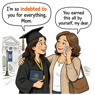 indebted to (minnettar, borçlu) karikatürü — diyalogla bağlam içinde öğren