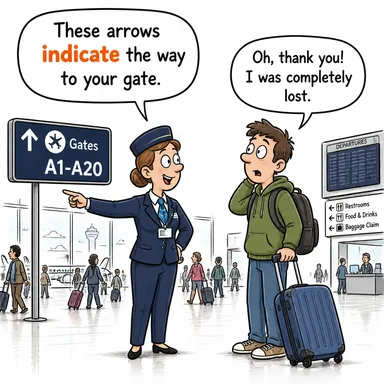 indicate (göstermek, belirtmek, işaret etmek) karikatürü — diyalogla bağlam içinde öğren