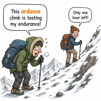 arduous (çetin, güç, zahmetli) karikatürü — diyalogla bağlam içinde öğren