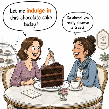 indulge in (kendini kaptırmak, müptela olmak, (zevke) dalmak, şımartmak) karikatürü — diyalogla bağlam içinde öğren