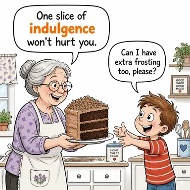 indulgence (hoşgörü, şımartma, düşkünlük, zevk) karikatürü — diyalogla bağlam içinde öğren