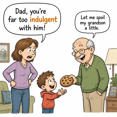 indulgent (hoşgörülü, yüz veren, müsamahakar) karikatürü — diyalogla bağlam içinde öğren