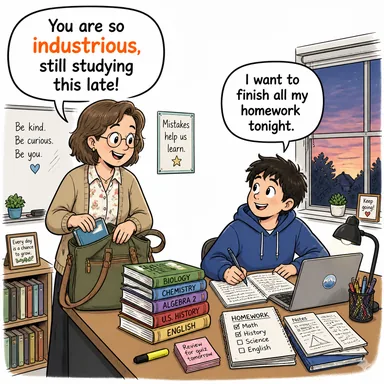 industrious (çalışkan, gayretli, üretken) karikatürü — diyalogla bağlam içinde öğren