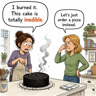 inedible (yenmez, yenilemez, yemek için uygun olmayan) karikatürü — diyalogla bağlam içinde öğren