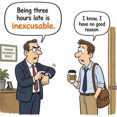 inexcusable (affedilemez, bağışlanamaz, mazeret kabul etmez) karikatürü — diyalogla bağlam içinde öğren