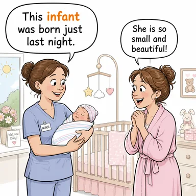 infant (bebek, küçük çocuk (genelde 1 yaş altı)) karikatürü — diyalogla bağlam içinde öğren