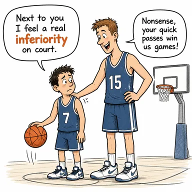 inferiority (aşağılık, düşüklük (kalite/statü), yetersizlik) karikatürü — diyalogla bağlam içinde öğren