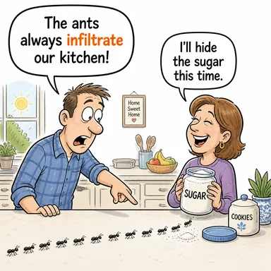 infiltrate (sızmak, gizlice girmek, içine süzülmek) karikatürü — diyalogla bağlam içinde öğren