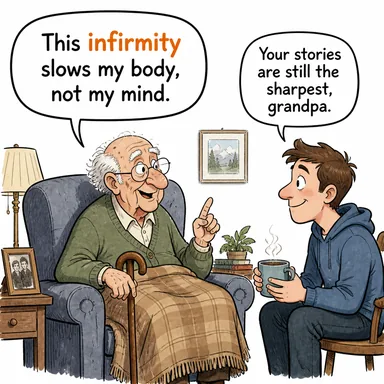 infirmity (güçsüzlük, dermanızlık, yaşlılık hastalığı) karikatürü — diyalogla bağlam içinde öğren