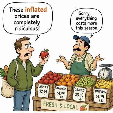 inflated (şişirilmiş, abartılı (fiyat/ego/sayı)) karikatürü — diyalogla bağlam içinde öğren