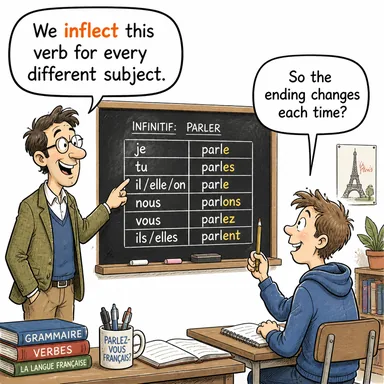 inflect ((dilbilgisi) çekimlemek, (ses) tonunu değiştirmek, bükmek) karikatürü — diyalogla bağlam içinde öğren